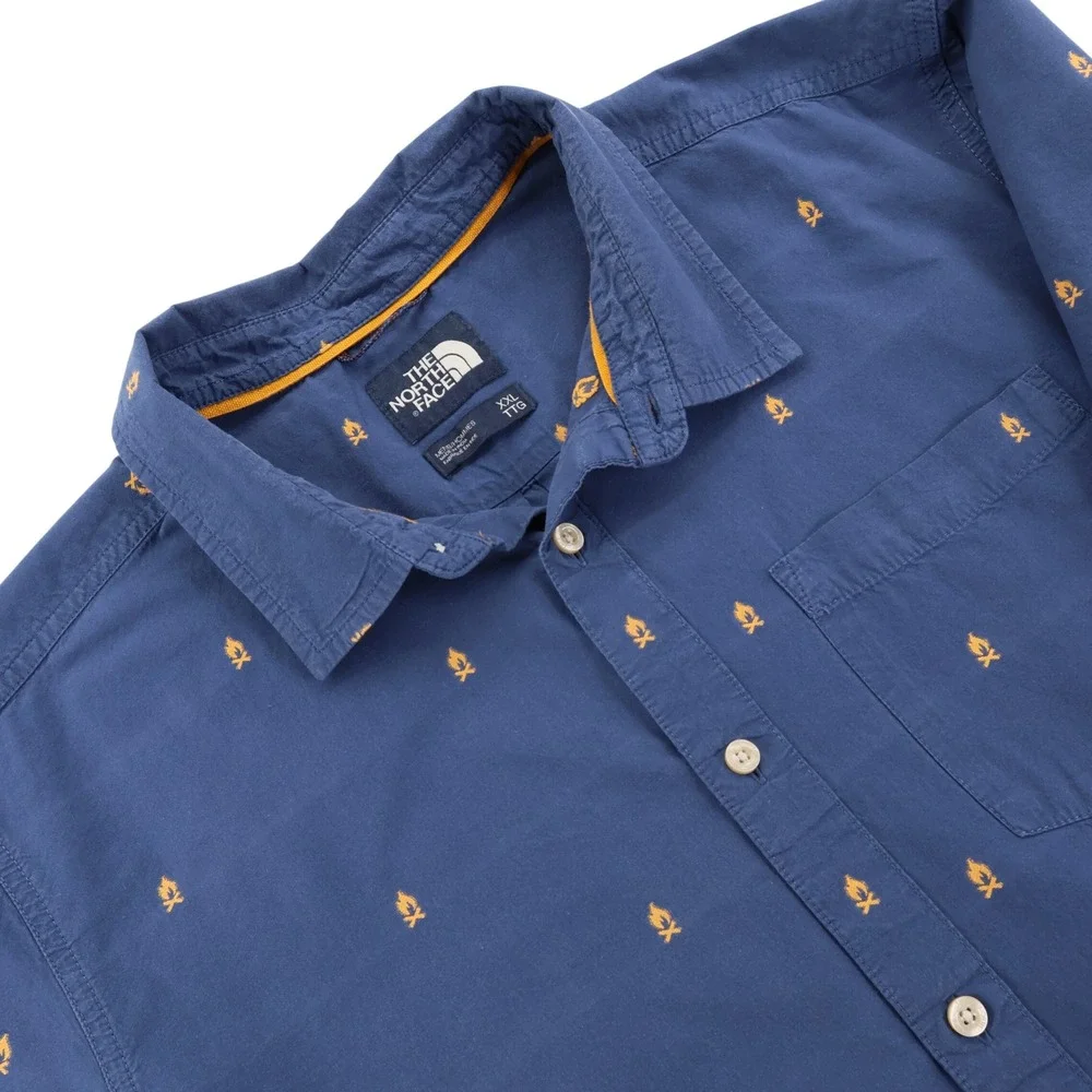 The North Face Mens XXL Blue Embroidered Campfire Short Sleeve Button Down Shirt